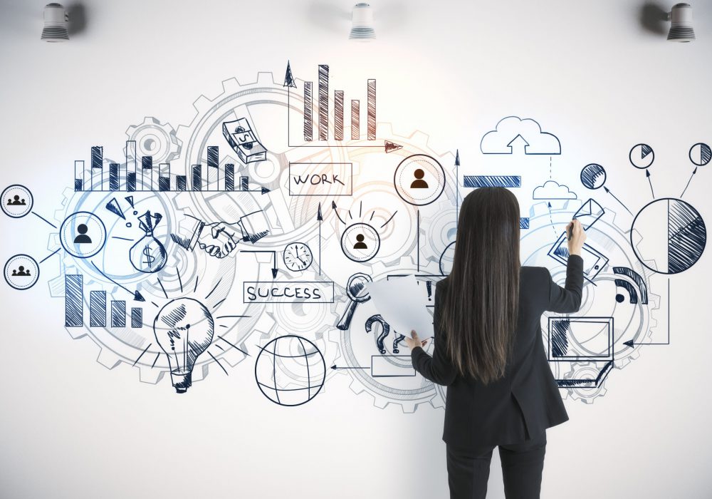 Businesswoman drawing global marketing plan on wall. Trade and business analysis concept. Close up